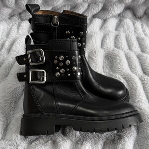 Zara Black Studded Leather Combat Boots with Buckles - Girls size EUR 30